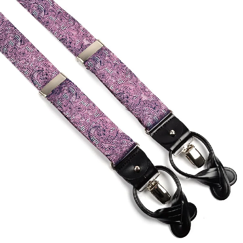 Pink, Navy, and Silver Micro Houndstooth Paisley Silk Woven Jacquard Suspenders by Dion Polished Men's Satin