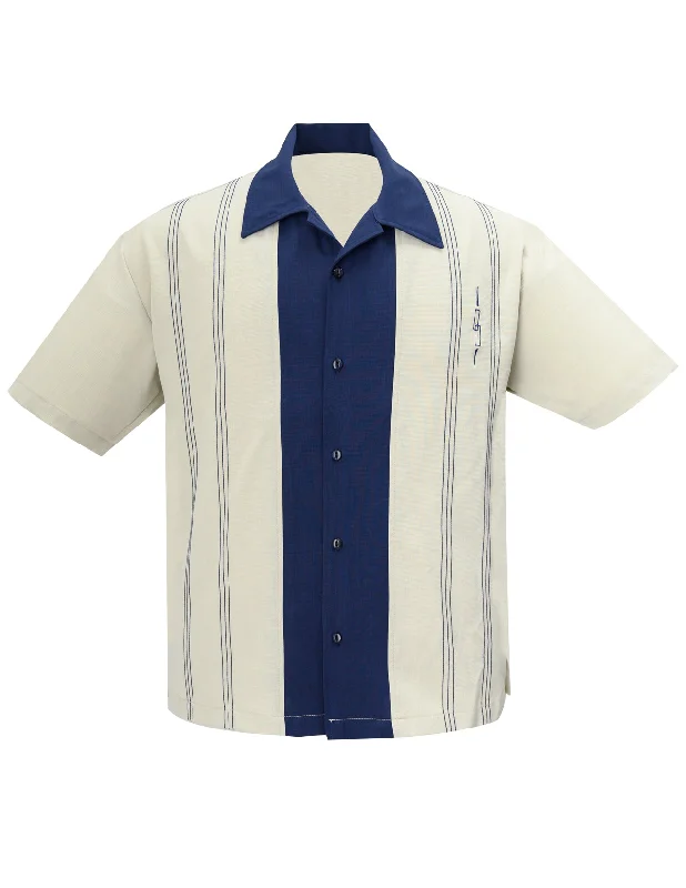 The Harper Bowling Shirt in Stone & Navy Practical Men's Quick