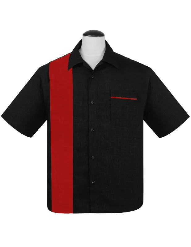 PopCheck Single Panel Bowling Shirt in Black/Red Cool Men's Distressed