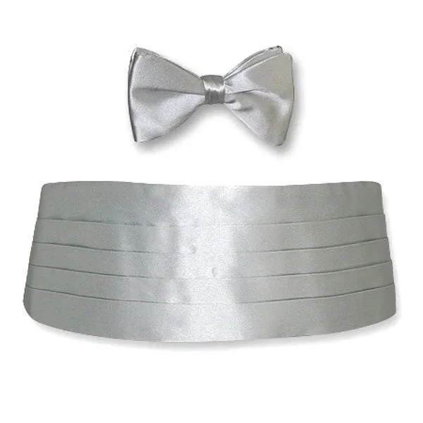 Silver Silk Jacquard Cummerbund and Bow Tie Set by Dion Trendy Men's Scandinavian