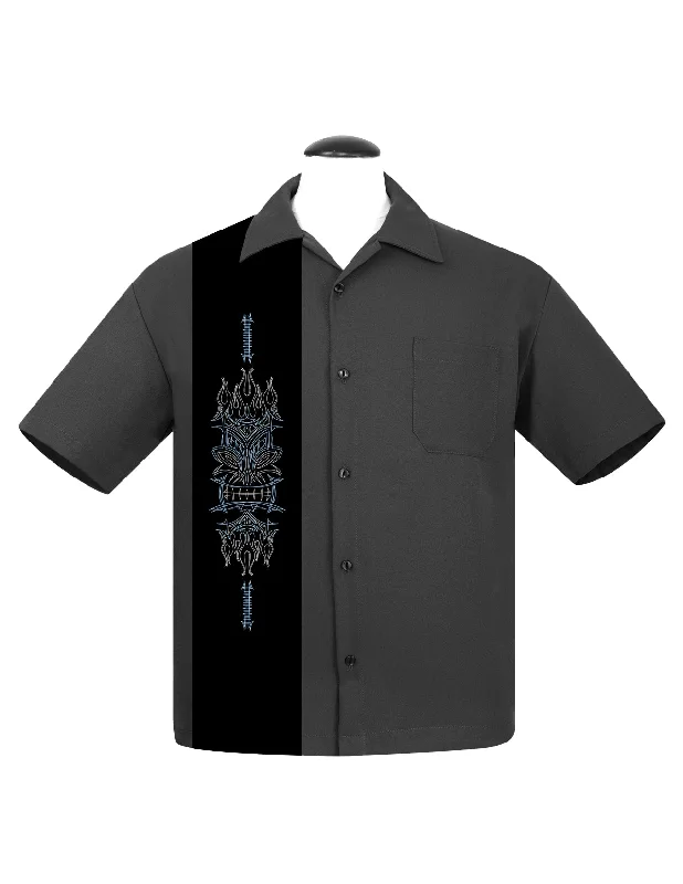 Pinstripe Tiki Panel Bowling Shirt in Charcoal Lumberjack