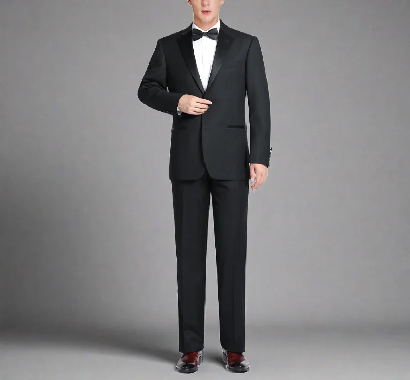 Super 140s Wool Satin Notched Lapel CLASSIC FIT Tuxedo in Black (Short, Regular, and Long Available) by Renoir Sophisticated Men's 