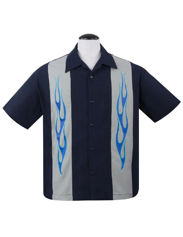 Flame N Hot Bowling Shirt in Navy Trendy Men's Oversized