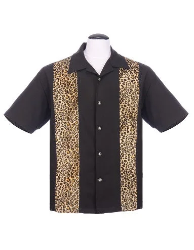 Leopard Panel Bowling Shirt in Black Bohemian Men's Free