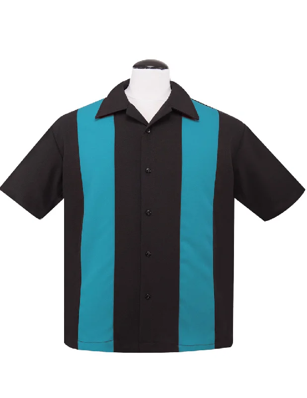 Poplin Double Panel Bowling Shirt in Black/Turquoise Relaxed Men's Australian 