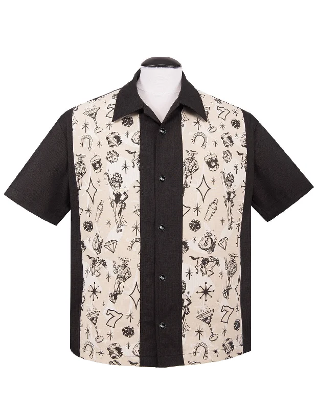 Vegas Lights Panel Bowling Shirt in Black Edgy Men's Punk