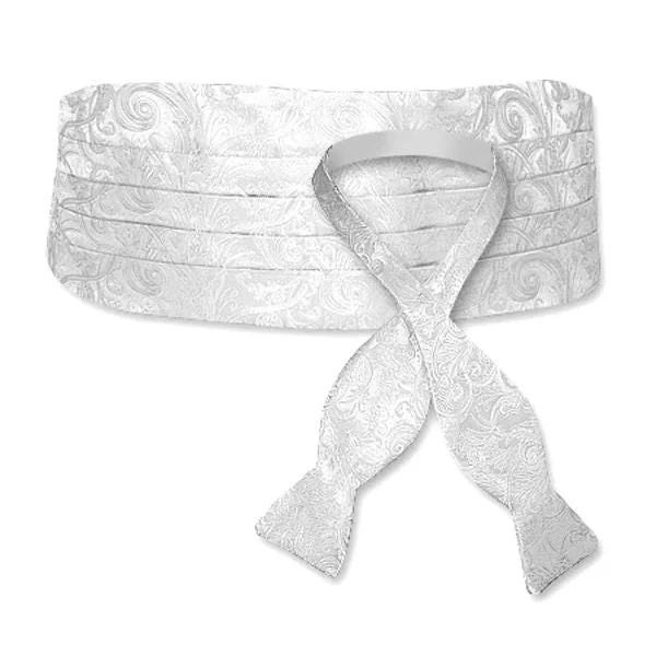 White Tonal Paisley Silk Jacquard Cummerbund and Bow Tie Set by Dion Bohemian Men's Free