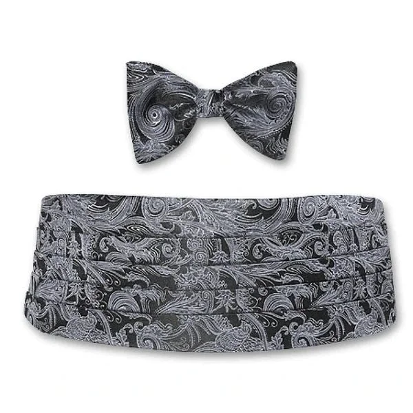 Black and Grey Paisley Silk Jacquard Cummerbund and Bow Tie Set by Dion Elegant Men's Cashmere