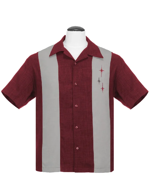 Three Star Panel Bowling Shirt in Burgundy Casual Men's Short