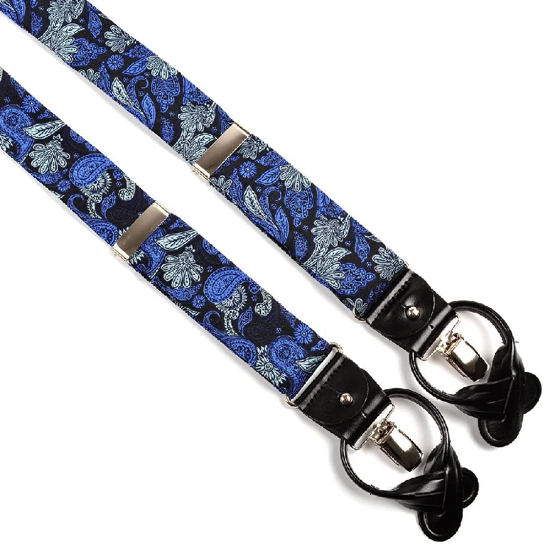 Black, Royal, and Ice Blue Teardrop Floral Paisley Silk Woven Jacquard Suspenders by Dion Dapper Men's Bow