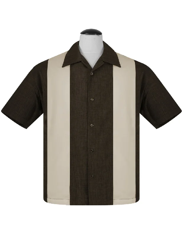 PopCheck Double Panel Bowling Shirt in Coffee/Stone Vintage Men's 1970S Disco