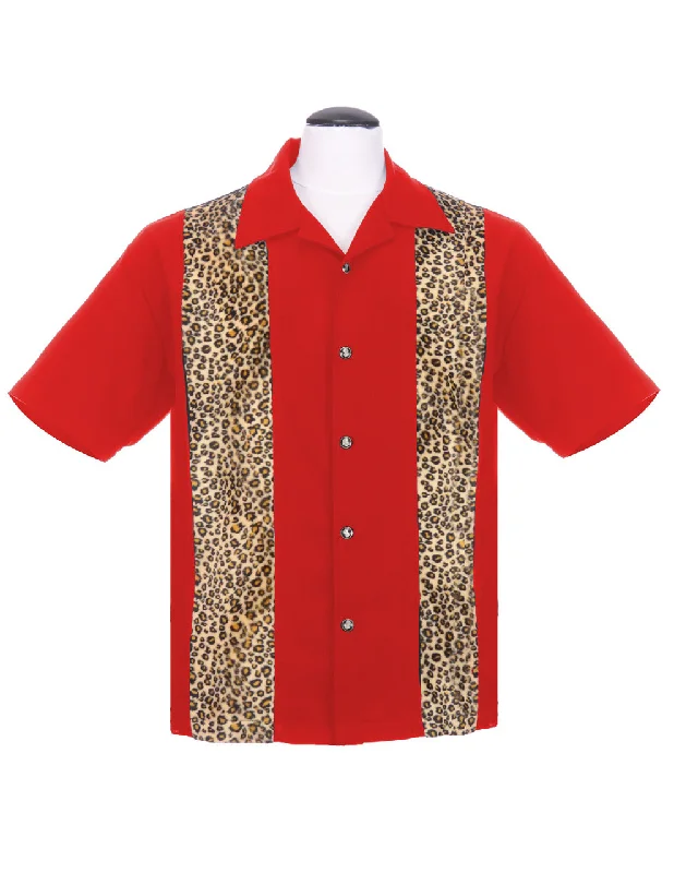 Leopard Panel Bowling Shirt in Red Traditional Men's Wool