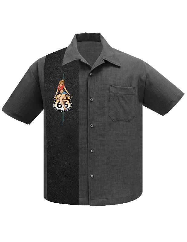 Route 66 Pin-Up Panel Bowling Shirt in Charcoal Sophisticated Men's 