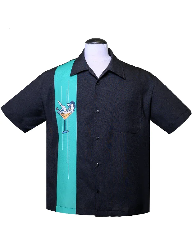 Martini Girl Single Panel Bowling Shirt in Black/Mint Sophisticated Men's 