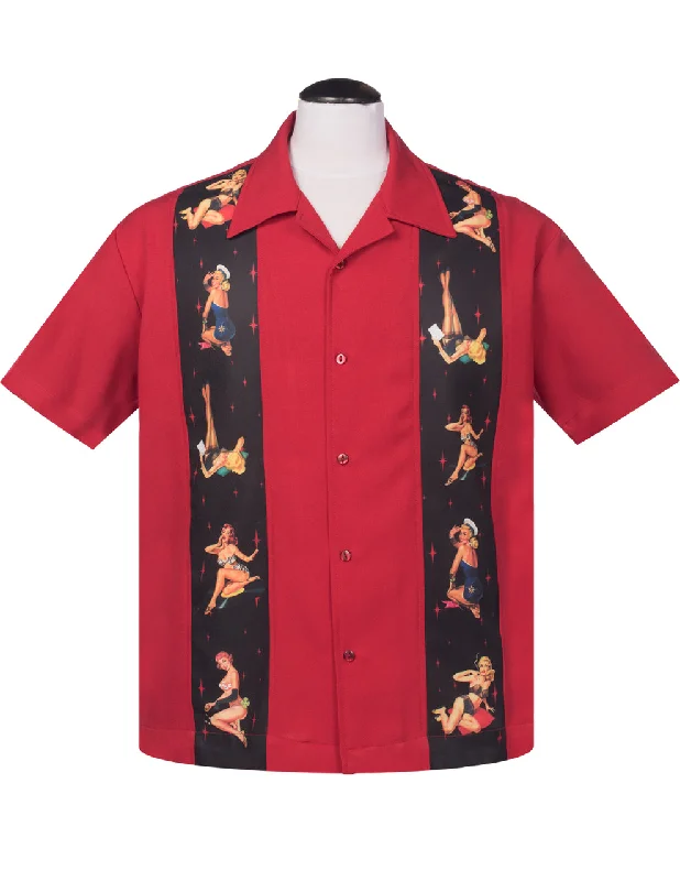 Multi Pinup Panel Bowling Shirt in Red Street