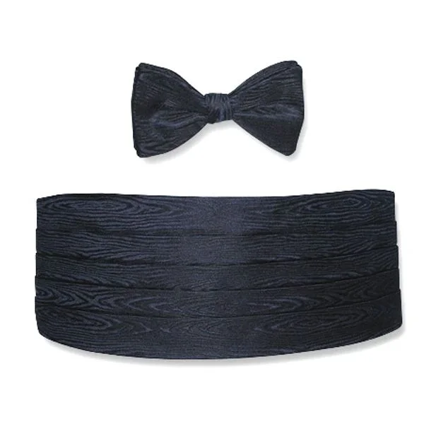 Navy Tonal Wave Silk Jacquard Cummerbund and Bow Tie Set by Dion Sharp Men's Italian