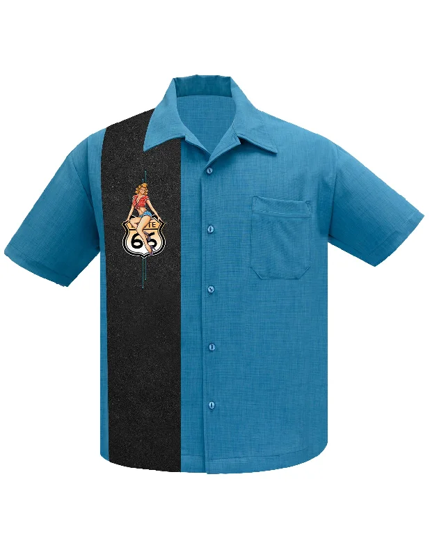 Route 66 Pin-Up Panel Bowling Shirt in Pacific Cool Men's Distressed