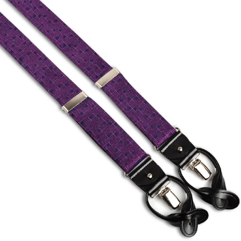 Berry, Navy, and Fuchsia Cross Hatch Abstract Silk Woven Jacquard Suspenders by Dion Laid