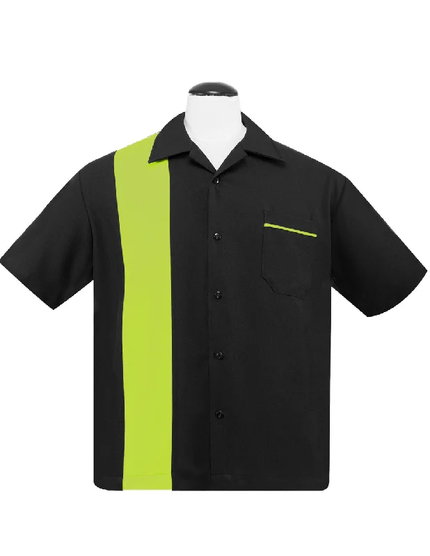 Poplin Single Panel Bowling Shirt in Black/Lime Green Cool Men's Distressed