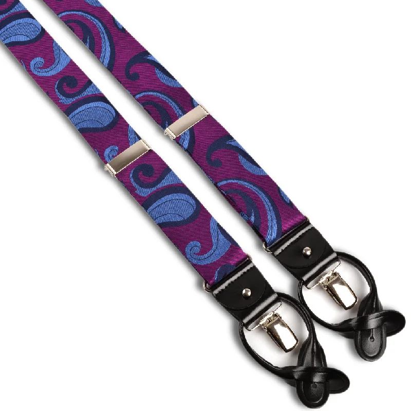 Berry, French Blue, and Navy Paisley Silk Woven Jacquard Suspenders by Dion Refined Men's Hand