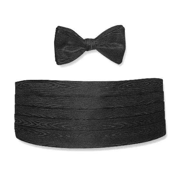 Black Tonal Wave Silk Jacquard Cummerbund and Bow Tie Set by Dion Sophisticated Men's French