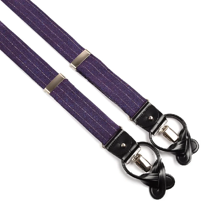 Eggplant and Periwinkle Mélange Fine Chalk Stripe Silk Woven Jacquard Suspenders by Dion Elegant Men's Cashmere