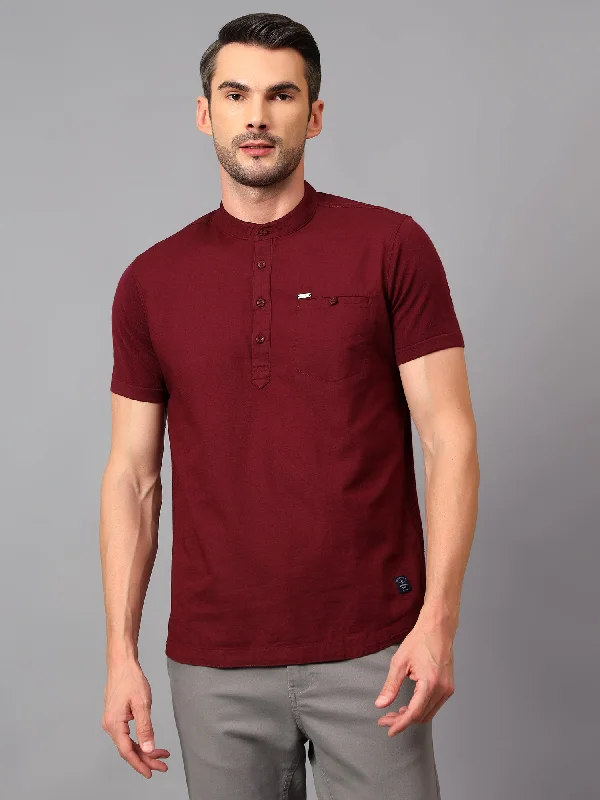 Men's Maroon Casual Plain Half sleeve Shirt Kurta Hip Men's Retro