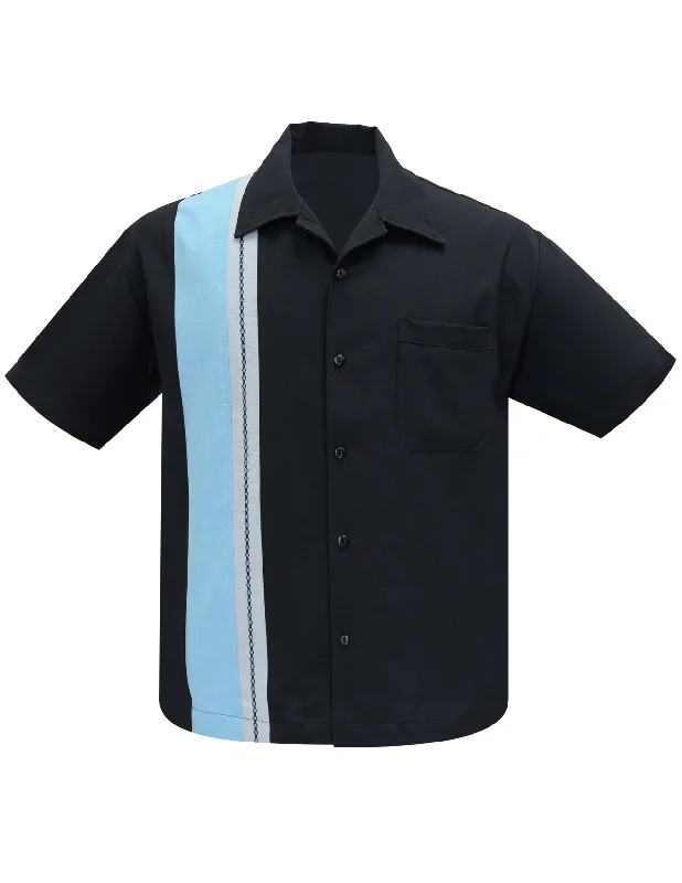 The Charles Bowling Shirt in Black/Aqua/Silver Refined Men's European