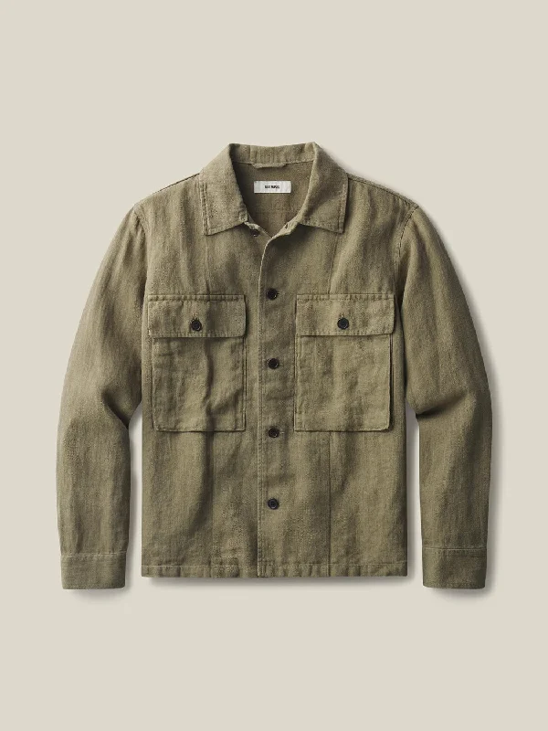 BUCK MASON LOOMED LINEN FATIGUE SHIRT IN OLIVE HERRINGBONE Masculine Men's 