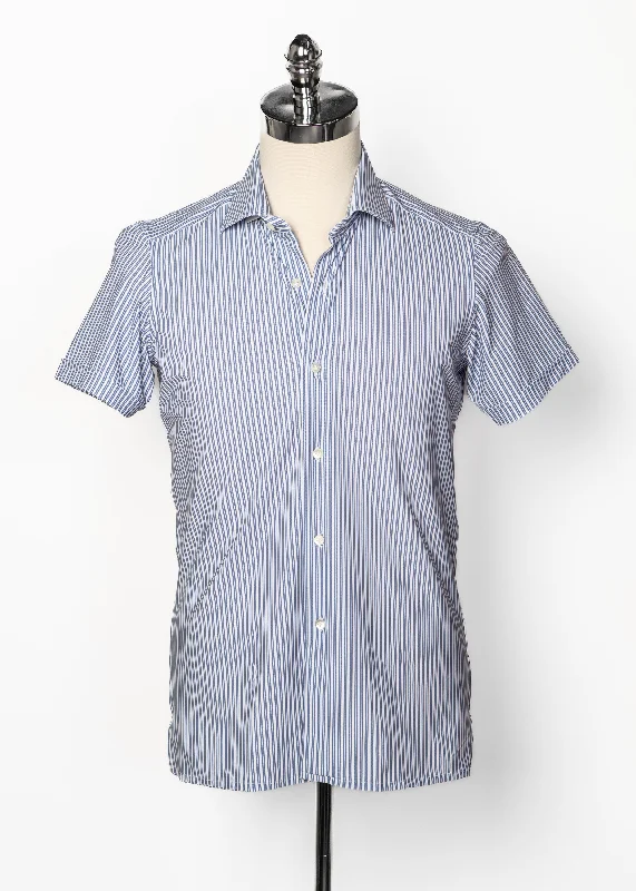 Short Sleeve Shirt in White and Light Blue Double Stripe Bohemian Men's Free