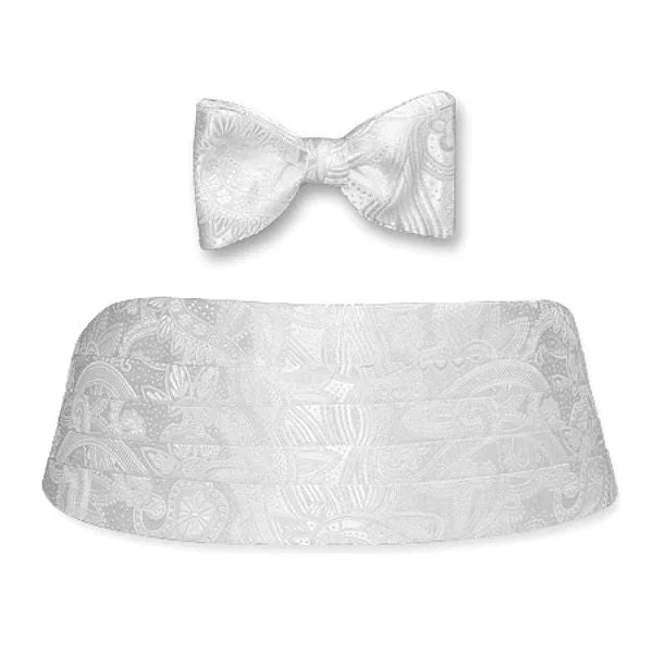 White Tonal Oversize Paisley Silk Jacquard Cummerbund and Bow Tie Set by Dion Business