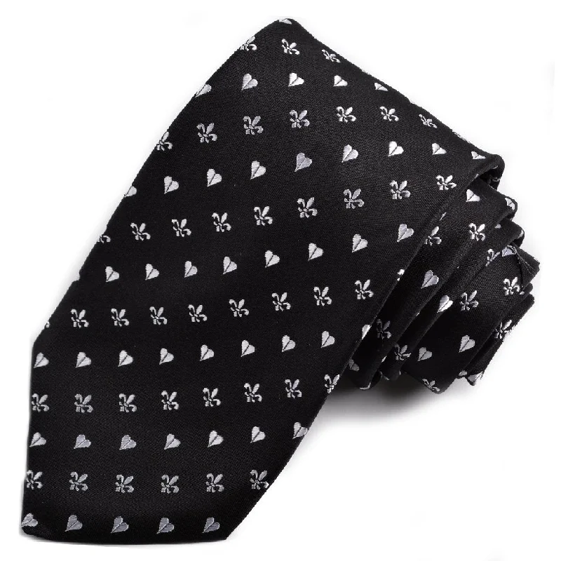 Black and White Hearts & Fleur-De-Lis Woven Silk Jacquard Tie by Dion Neckwear Confident Men's Power