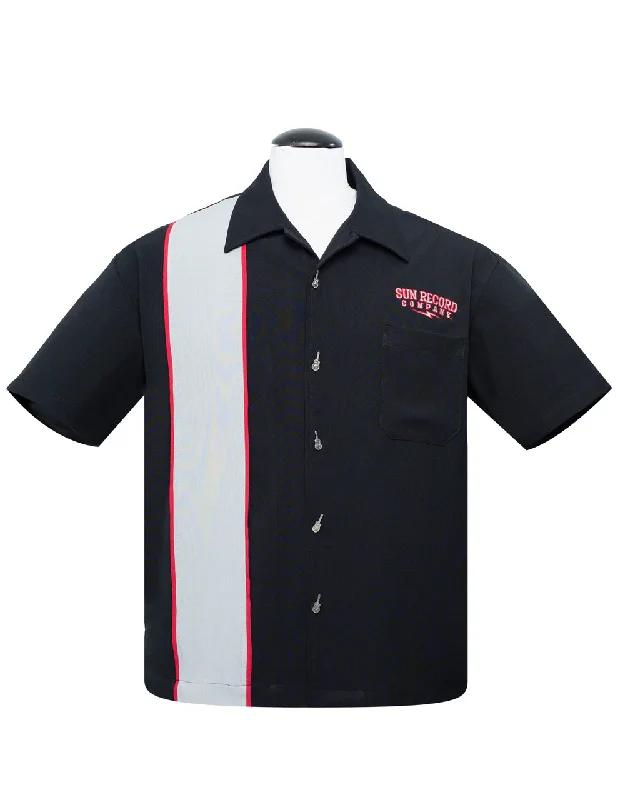 Sun Rockabilly Sound Piped Panel Bowling Shirt in Black Tough Men's Tactical