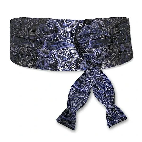 Black, Purple, and Silver Paisley Silk Jacquard Cummerbund and Bow Tie Set by Dion Polished Men's Satin