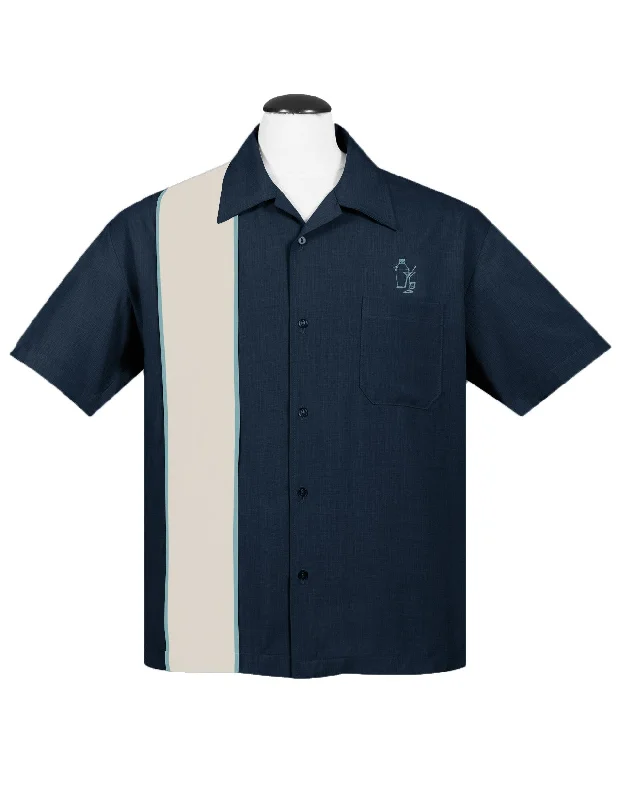 Palm Springs Cocktail Bowling Shirt in Denim/Cream/Aqua Dynamic Men's Glow