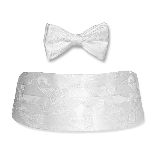 White Tonal Paisley Swirl Silk Jacquard Cummerbund and Bow Tie Set by Dion Elegant Men's Formal 