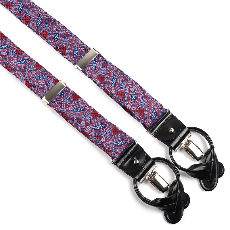 Red, Navy, and White Teardrop on Micro Neat Silk Woven Jacquard Suspenders by Dion Confident Men's High