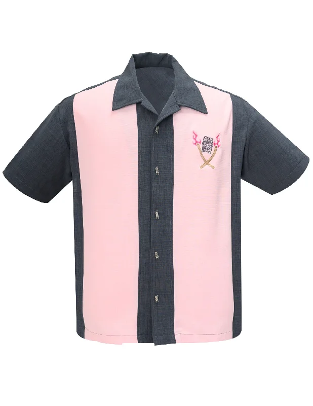 Tropical Itch Bowling Shirt in Charcoal/Pink Minimalist Men's Casual 