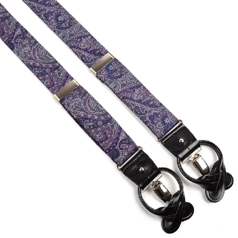 Navy, Grey, and Plum Paisley Silk Woven Jacquard Suspenders by Dion Dynamic Men's Glow