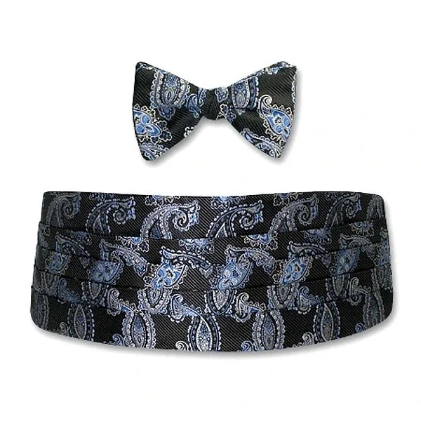 Black, Blue, and Grey Paisley Silk Jacquard Cummerbund and Bow Tie Set by Dion Vintage Men's 1970S Disco