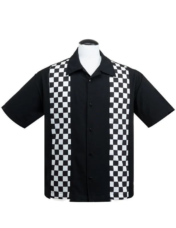 Checkered Mini Panel Bowling Shirt in Black/White Stylish Men's Neon