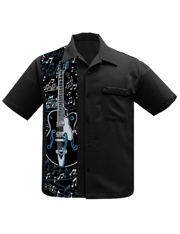 Guitar Panel Bowling Shirt in Black Modern Men's Tech