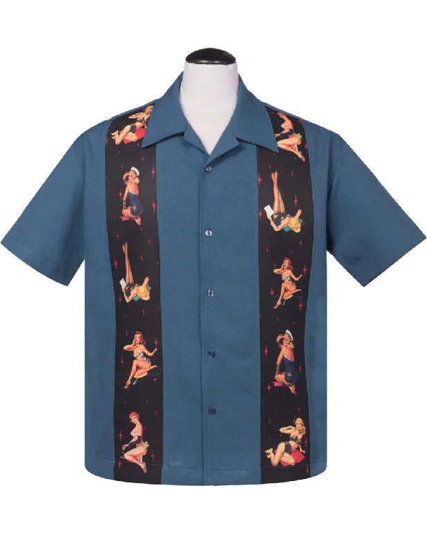 Multi Pinup Panel Bowling Shirt in Blue Vacation