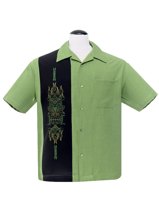 Pinstripe Tiki Panel Bowling Shirt in Green Casual Men's Japanese 