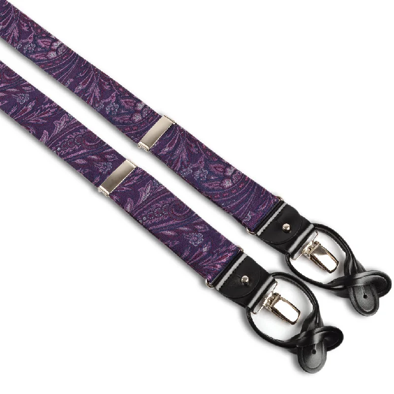 Berry, Pink, and Navy Floral Paisley Silk Woven Jacquard Suspenders by Dion Traditional Men's Wool