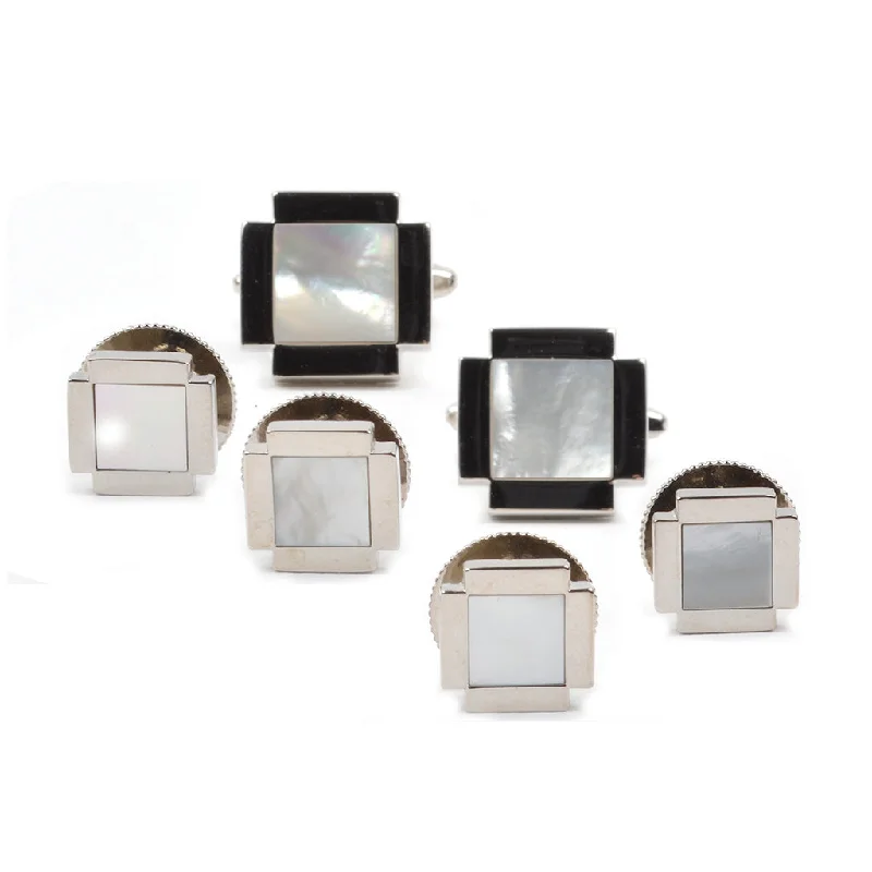 Quadrato Mother of Pearl Silver Plated Formal Cufflink and Stud Set by Dion Beach