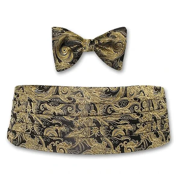 Gold and Black Paisley Silk Jacquard Cummerbund and Bow Tie Set by Dion Streetwear Style