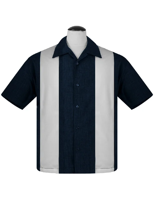 PopCheck Double Panel Bowling Shirt in Navy/White Trendy Men's Scandinavian