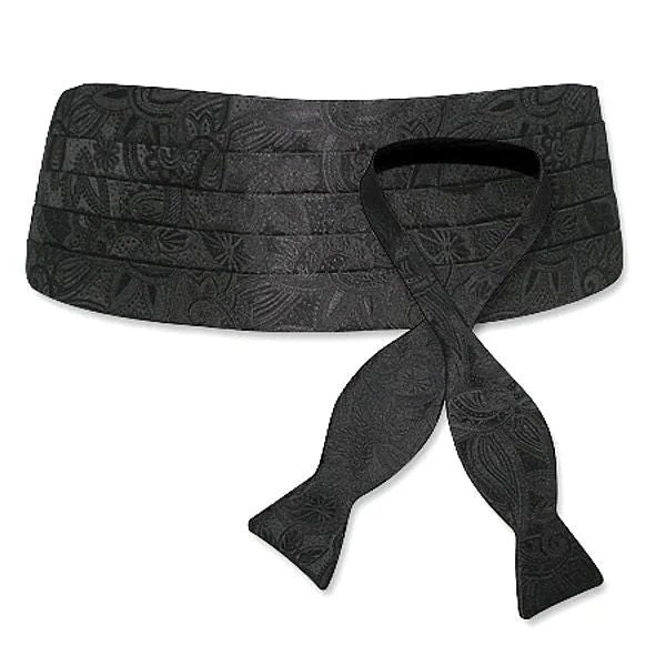 Black Tonal Floral Paisley Silk Jacquard Cummerbund and Bow Tie Set by Dion Modern Men's Tech