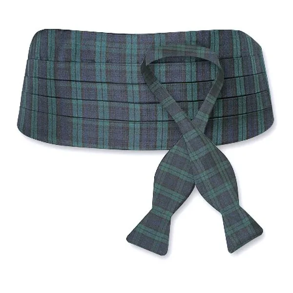 Black Watch Tartan Silk Jacquard Cummerbund and Bow Tie Set by Dion Masculine Men's 